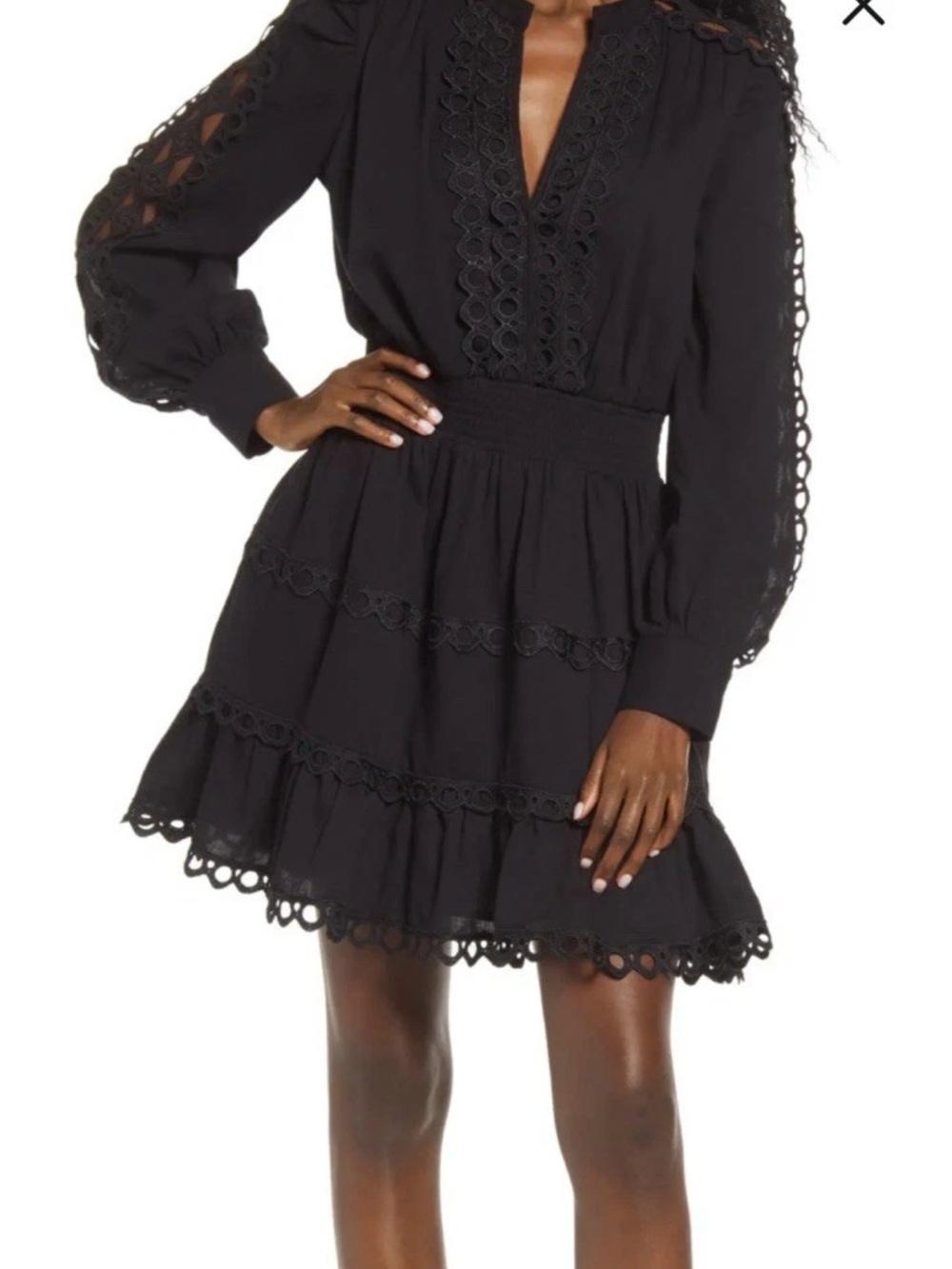 Black Lace-Trim Long-Sleeve Mini Dress